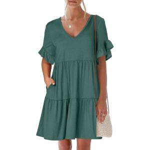 image:imageANRABESS Dresses for Women Summer 2026 V Neck Ruffle Sleeve A Line Tiered Flowy Casual Trendy Mini Beach Dress with PocketsGreen