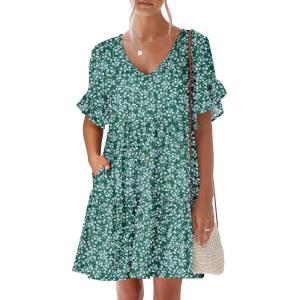 image:imageANRABESS Dresses for Women Summer 2026 V Neck Ruffle Sleeve A Line Tiered Flowy Casual Trendy Mini Beach Dress with PocketsGreen Blue Floral