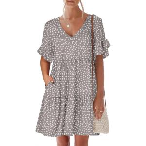 image:imageANRABESS Dresses for Women Summer 2026 V Neck Ruffle Sleeve A Line Tiered Flowy Casual Trendy Mini Beach Dress with PocketsKhaki Polka Dot Gray