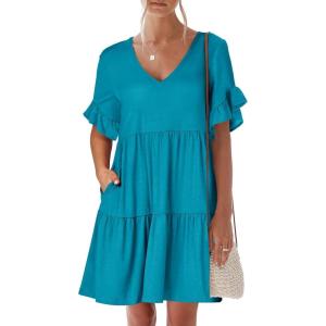 image:imageANRABESS Dresses for Women Summer 2026 V Neck Ruffle Sleeve A Line Tiered Flowy Casual Trendy Mini Beach Dress with PocketsLake Blue