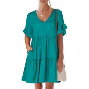 image:imageANRABESS Dresses for Women Summer 2026 V Neck Ruffle Sleeve A Line Tiered Flowy Casual Trendy Mini Beach Dress with PocketsLake Green