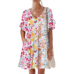 image:imageANRABESS Dresses for Women Summer 2026 V Neck Ruffle Sleeve A Line Tiered Flowy Casual Trendy Mini Beach Dress with PocketsMulticolour Floral