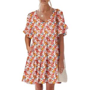 image:imageANRABESS Dresses for Women Summer 2026 V Neck Ruffle Sleeve A Line Tiered Flowy Casual Trendy Mini Beach Dress with PocketsOrange Floral