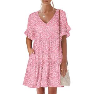 image:imageANRABESS Dresses for Women Summer 2026 V Neck Ruffle Sleeve A Line Tiered Flowy Casual Trendy Mini Beach Dress with PocketsPink Floral