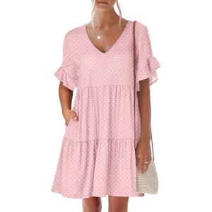 image:imageANRABESS Dresses for Women Summer 2026 V Neck Ruffle Sleeve A Line Tiered Flowy Casual Trendy Mini Beach Dress with PocketsPink Round Dot