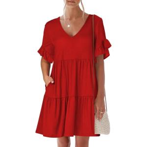 image:imageANRABESS Dresses for Women Summer 2026 V Neck Ruffle Sleeve A Line Tiered Flowy Casual Trendy Mini Beach Dress with PocketsRed