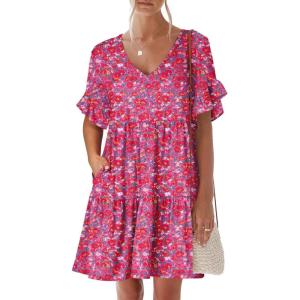 image:imageANRABESS Dresses for Women Summer 2026 V Neck Ruffle Sleeve A Line Tiered Flowy Casual Trendy Mini Beach Dress with PocketsRed Floral