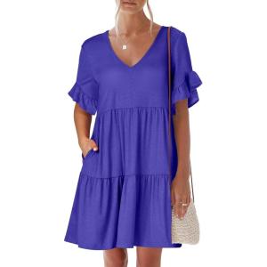 image:imageANRABESS Dresses for Women Summer 2026 V Neck Ruffle Sleeve A Line Tiered Flowy Casual Trendy Mini Beach Dress with PocketsRoyal Blue