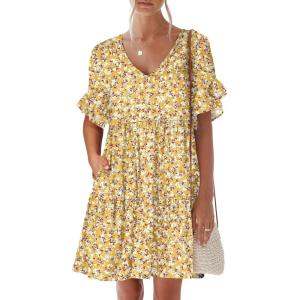 image:imageANRABESS Dresses for Women Summer 2026 V Neck Ruffle Sleeve A Line Tiered Flowy Casual Trendy Mini Beach Dress with PocketsYellow Red White Floral