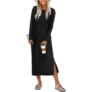 image:imageANRABESS Long Sleeve Midi Dresses for Women Fall Fashion Casual Vacation Crewneck Loose Split Striped Long Tshirts DressBlack