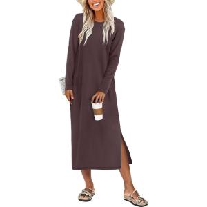 image:imageANRABESS Long Sleeve Midi Dresses for Women Fall Fashion Casual Vacation Crewneck Loose Split Striped Long Tshirts DressCoffee