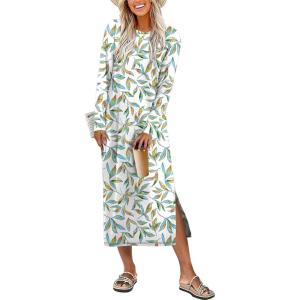 image:imageANRABESS Long Sleeve Midi Dresses for Women Fall Fashion Casual Vacation Crewneck Loose Split Striped Long Tshirts DressFloral Colorful