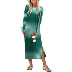 image:imageANRABESS Long Sleeve Midi Dresses for Women Fall Fashion Casual Vacation Crewneck Loose Split Striped Long Tshirts DressGreen White Stripe