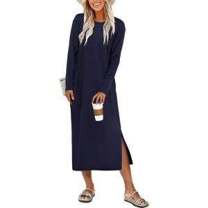 image:imageANRABESS Long Sleeve Midi Dresses for Women Fall Fashion Casual Vacation Crewneck Loose Split Striped Long Tshirts DressNavy Blue