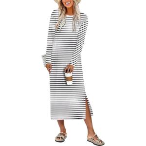 image:imageANRABESS Long Sleeve Midi Dresses for Women Fall Fashion Casual Vacation Crewneck Loose Split Striped Long Tshirts DressWhite Black Stripe