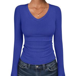 image:imageANRABESS Long Sleeve Shirts for Women V Neck Ribbed Knit Fitted Fall Basic Tshirts Going Out Tops 2026 Casual Trendy ClothesRoyal Blue