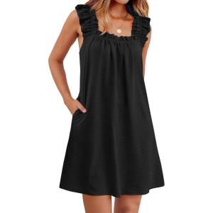 image:imageANRABESS Summer Dress for Women 2026 Casual Sleeveless Square Neck Ruffle Strap Beach Vacation Sundress with PocketsBlack