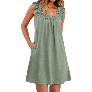 image:imageANRABESS Summer Dress for Women 2026 Casual Sleeveless Square Neck Ruffle Strap Beach Vacation Sundress with PocketsLight Green
