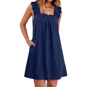 image:imageANRABESS Summer Dress for Women 2026 Casual Sleeveless Square Neck Ruffle Strap Beach Vacation Sundress with PocketsNavy Blue