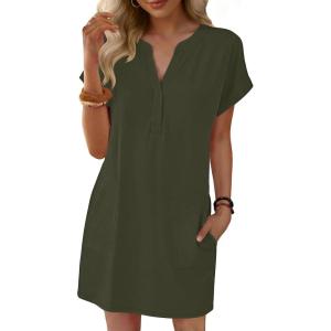 image:imageANRABESS Summer Dresses for Women Casual V Neck Short Sleeve Mini Tshirt Dress 2026 Loose Fit Beach Vacation Shift SundressArmy Green