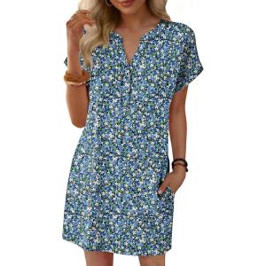 image:imageANRABESS Summer Dresses for Women Casual V Neck Short Sleeve Mini Tshirt Dress 2026 Loose Fit Beach Vacation Shift SundressBlue White Green Floral