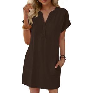 image:imageANRABESS Summer Dresses for Women Casual V Neck Short Sleeve Mini Tshirt Dress 2026 Loose Fit Beach Vacation Shift SundressCoffee