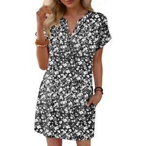 image:imageANRABESS Summer Dresses for Women Casual V Neck Short Sleeve Mini Tshirt Dress 2026 Loose Fit Beach Vacation Shift SundressFloral Black White