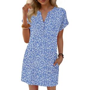 image:imageANRABESS Summer Dresses for Women Casual V Neck Short Sleeve Mini Tshirt Dress 2026 Loose Fit Beach Vacation Shift SundressFloral Blue White