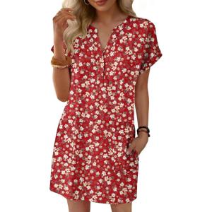 image:imageANRABESS Summer Dresses for Women Casual V Neck Short Sleeve Mini Tshirt Dress 2026 Loose Fit Beach Vacation Shift SundressFloral Red