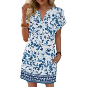 image:imageANRABESS Summer Dresses for Women Casual V Neck Short Sleeve Mini Tshirt Dress 2026 Loose Fit Beach Vacation Shift SundressWhite Blue Floral