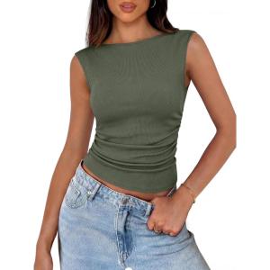 image:imageANRABESS Tank Tops for Women 2026 Summer Going Out Crop Top Sleeveless Boat Neck Rib Tight Ruched Tee Shirts Vacation ClothesArmy Green