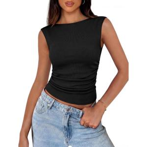 image:imageANRABESS Tank Tops for Women 2026 Summer Going Out Crop Top Sleeveless Boat Neck Rib Tight Ruched Tee Shirts Vacation ClothesBlack