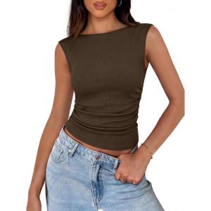 image:imageANRABESS Tank Tops for Women 2026 Summer Going Out Crop Top Sleeveless Boat Neck Rib Tight Ruched Tee Shirts Vacation ClothesCoffee