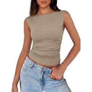 image:imageANRABESS Tank Tops for Women 2026 Summer Going Out Crop Top Sleeveless Boat Neck Rib Tight Ruched Tee Shirts Vacation ClothesDeep Khaki