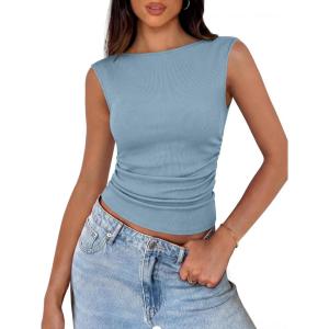 image:imageANRABESS Tank Tops for Women 2026 Summer Going Out Crop Top Sleeveless Boat Neck Rib Tight Ruched Tee Shirts Vacation ClothesLight Blue
