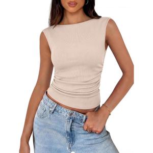 image:imageANRABESS Tank Tops for Women 2026 Summer Going Out Crop Top Sleeveless Boat Neck Rib Tight Ruched Tee Shirts Vacation ClothesLight Pink