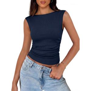 image:imageANRABESS Tank Tops for Women 2026 Summer Going Out Crop Top Sleeveless Boat Neck Rib Tight Ruched Tee Shirts Vacation ClothesNavy Blue