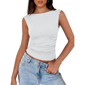 image:imageANRABESS Tank Tops for Women 2026 Summer Going Out Crop Top Sleeveless Boat Neck Rib Tight Ruched Tee Shirts Vacation ClothesWhite