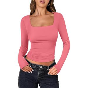 image:imageANRABESS Women Double Lined Long Sleeve Crop Tops Shirts Square Neck Tight Fitted Going Out TShirt Basic Tee Outfits 2026Bright Coral