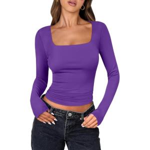 image:imageANRABESS Women Double Lined Long Sleeve Crop Tops Shirts Square Neck Tight Fitted Going Out TShirt Basic Tee Outfits 2026Bright Purple
