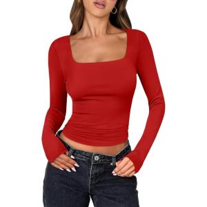 image:imageANRABESS Women Double Lined Long Sleeve Crop Tops Shirts Square Neck Tight Fitted Going Out TShirt Basic Tee Outfits 2026Bright Red