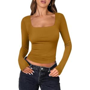 image:imageANRABESS Women Double Lined Long Sleeve Crop Tops Shirts Square Neck Tight Fitted Going Out TShirt Basic Tee Outfits 2026Caramel