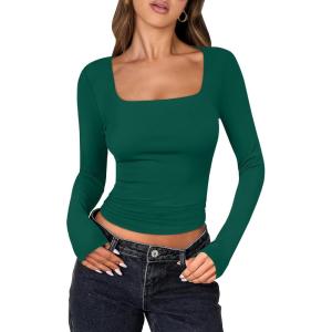 image:imageANRABESS Women Double Lined Long Sleeve Crop Tops Shirts Square Neck Tight Fitted Going Out TShirt Basic Tee Outfits 2026Forest Green