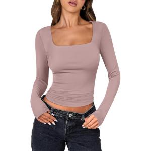 image:imageANRABESS Women Double Lined Long Sleeve Crop Tops Shirts Square Neck Tight Fitted Going Out TShirt Basic Tee Outfits 2026Grey Pink