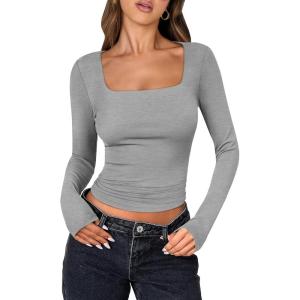 image:imageANRABESS Women Double Lined Long Sleeve Crop Tops Shirts Square Neck Tight Fitted Going Out TShirt Basic Tee Outfits 2026Light Gray
