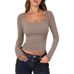 image:imageANRABESS Women Double Lined Long Sleeve Crop Tops Shirts Square Neck Tight Fitted Going Out TShirt Basic Tee Outfits 2026Light Tan Khaki