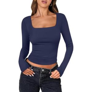 image:imageANRABESS Women Double Lined Long Sleeve Crop Tops Shirts Square Neck Tight Fitted Going Out TShirt Basic Tee Outfits 2026Navy Blue