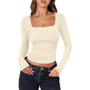 image:imageANRABESS Women Double Lined Long Sleeve Crop Tops Shirts Square Neck Tight Fitted Going Out TShirt Basic Tee Outfits 2026Parchment Apricot