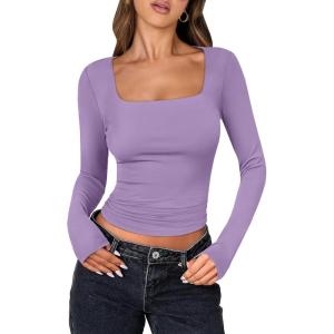 image:imageANRABESS Women Double Lined Long Sleeve Crop Tops Shirts Square Neck Tight Fitted Going Out TShirt Basic Tee Outfits 2026Purple
