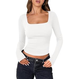 image:imageANRABESS Women Double Lined Long Sleeve Crop Tops Shirts Square Neck Tight Fitted Going Out TShirt Basic Tee Outfits 2026White